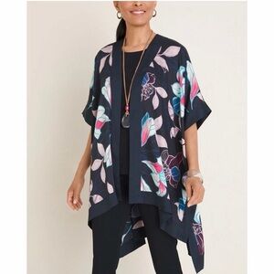 Oversized‎ Floral Kimono Navy Blooms Lightweight Layering Piece S/M Chico's